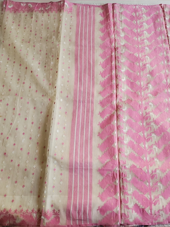 Elegant Pink & Cream Pure Cotton Dhakai Jamdani Saree Handloom Mint Condition main image 11